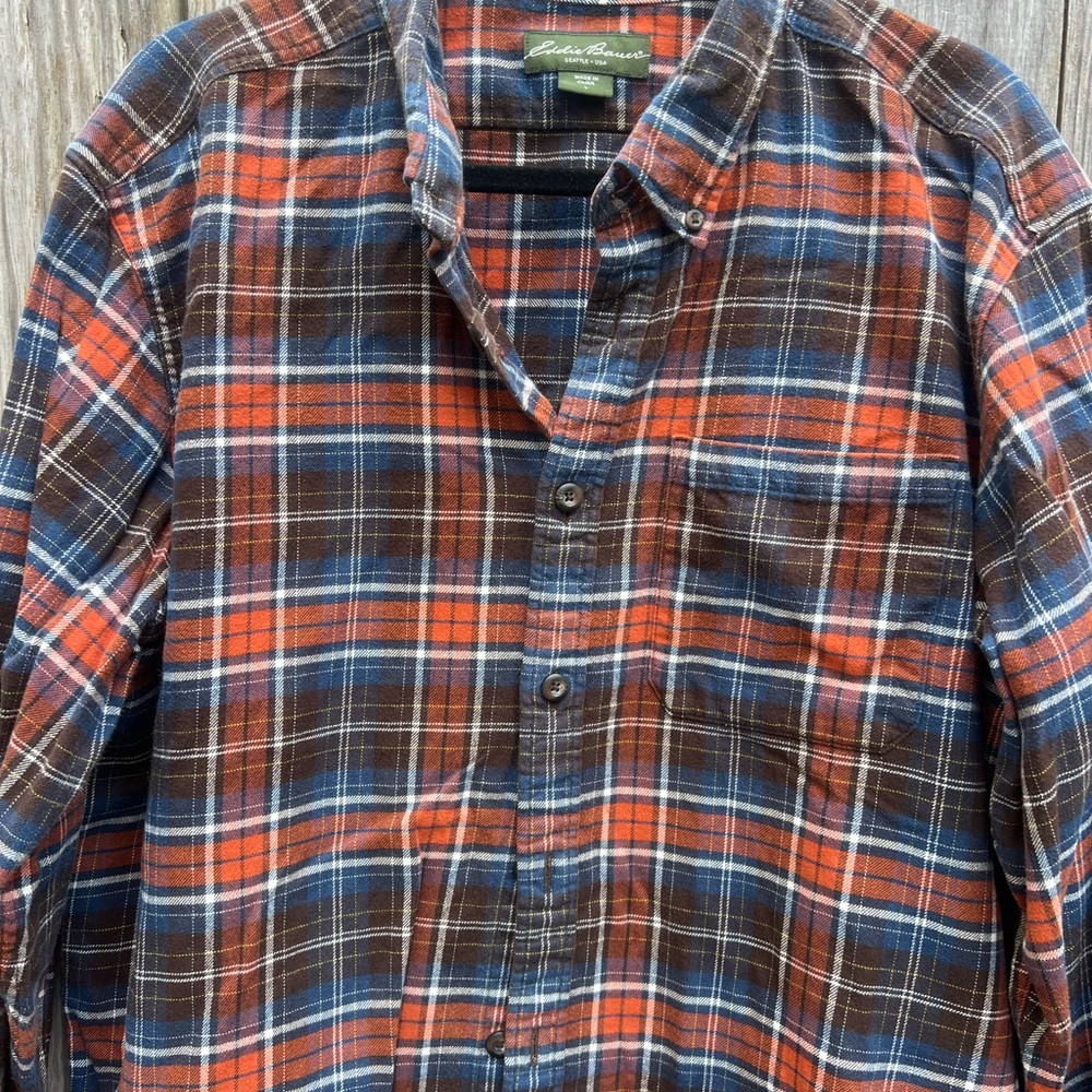 EDDIE BAUER Relaxed Fit Brown Plaid Tartan Flannel Button Down Shirt Mens Large - Picture 2 of 9